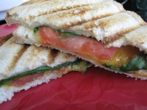 Grilled cheese made in a George Forman panini maker with spinach and tomatoes.